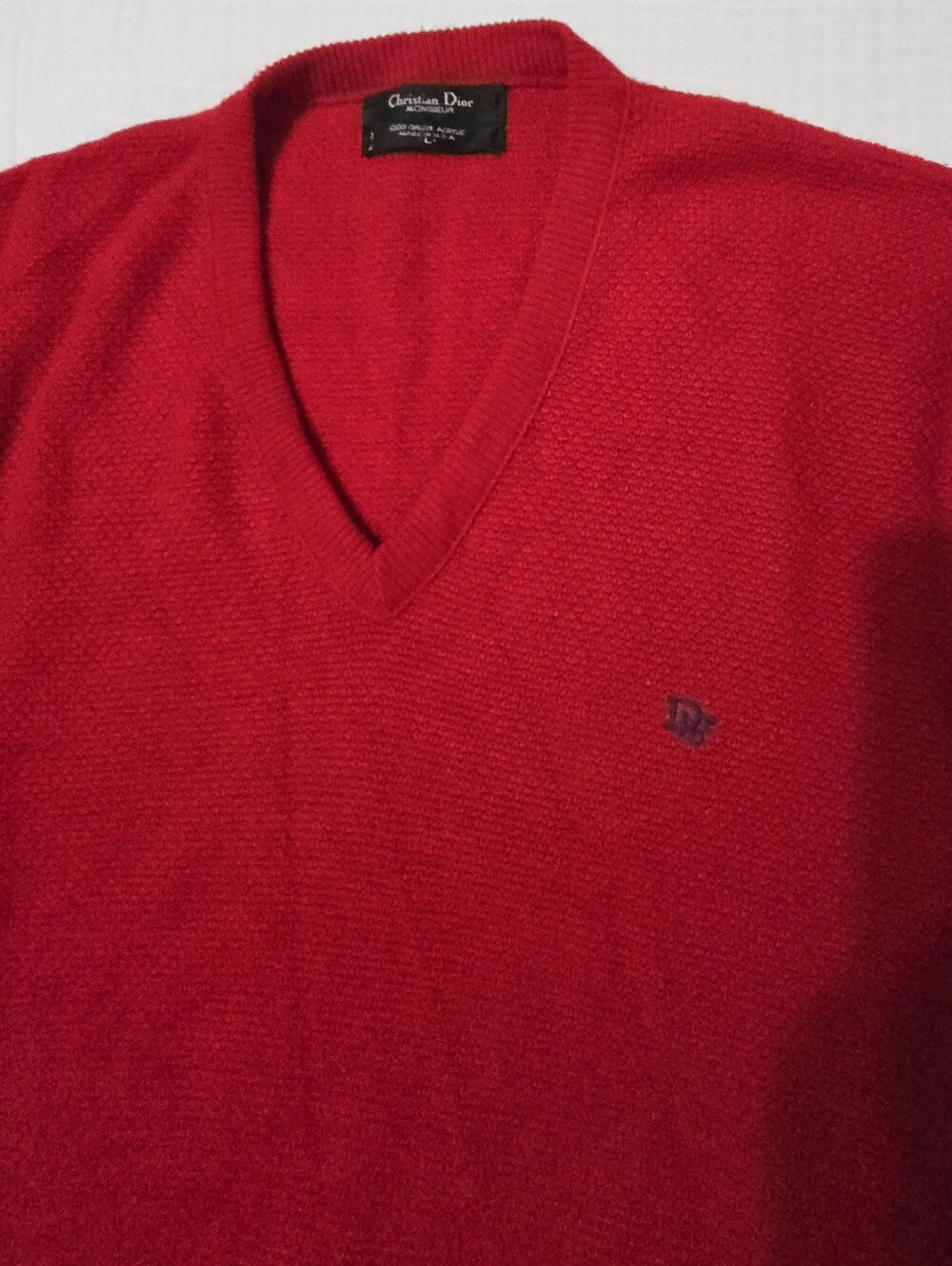 Dior Men's V-Neck Sweater in Bright Red with Embroidered Logo